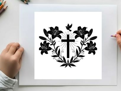 Christian symbolism cross lilies and dove silhouette