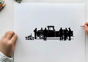 Silhouette of people standing around a classic pickup truck