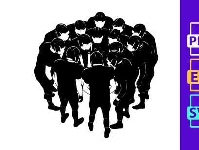 A group of football players in a huddle together on the field in black and white