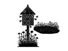 Silhouette of a birdhouse and flowers on a white background