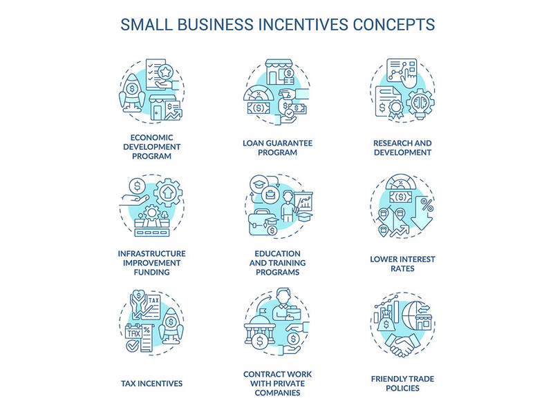 Small business incentives turquoise concept icons set