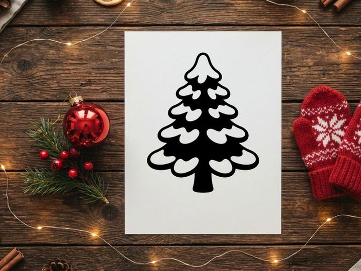 Minimalist Christmas tree icon with snow, simple black and white vector illustration.