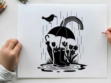 Rainy day silhouette with umbrella bird and rainbow preview picture