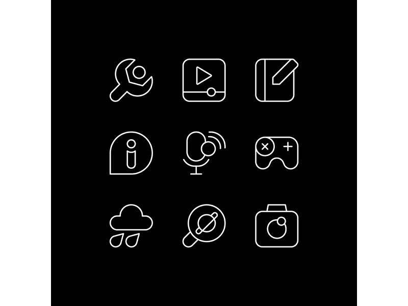 Smartphone interface white linear icons set for dark theme