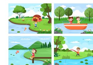20 Children Fishing Fish Vector Illustration