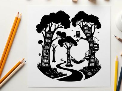 Whimsical forest silhouette with treehouses and winding path at dusk