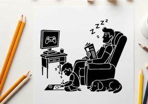Silhouette of a man sleeping while child plays with dog