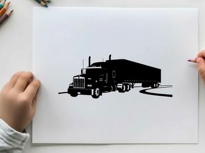Black silhouette of a semi truck with trailer on the road
