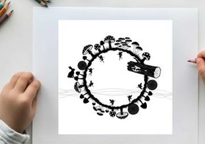 Whimsical silhouette of a forest scene with mushrooms and insects