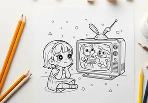 Girl watching cartoon cat and dog on tv vector illustration