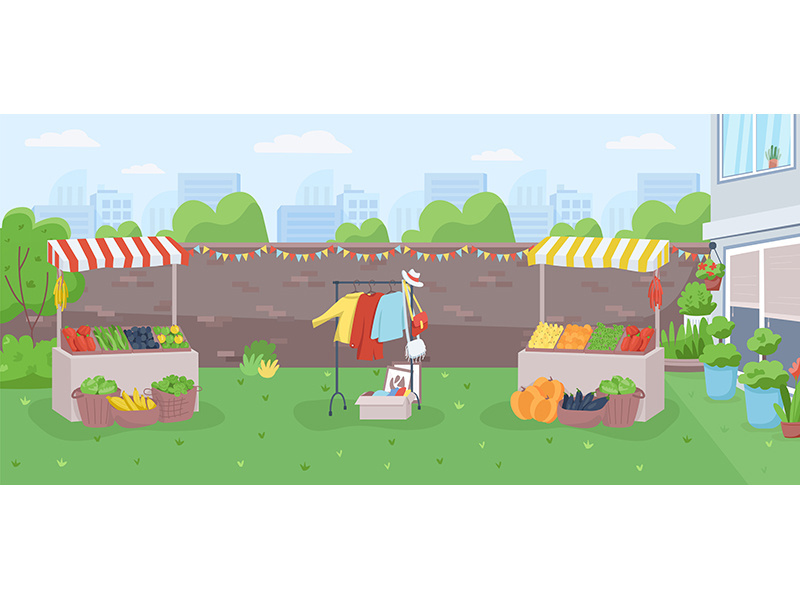 Backyard farmer market flat color vector illustration