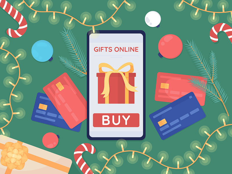 Online shopping for Christmas flat color vector illustration