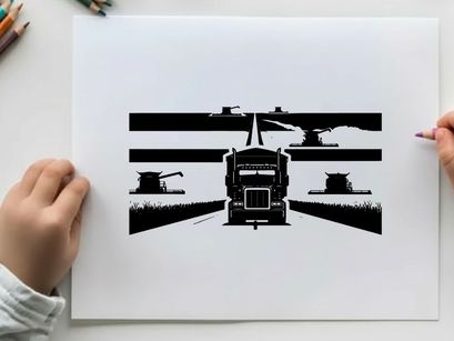 Truck driving down a highway in silhouette at dusk