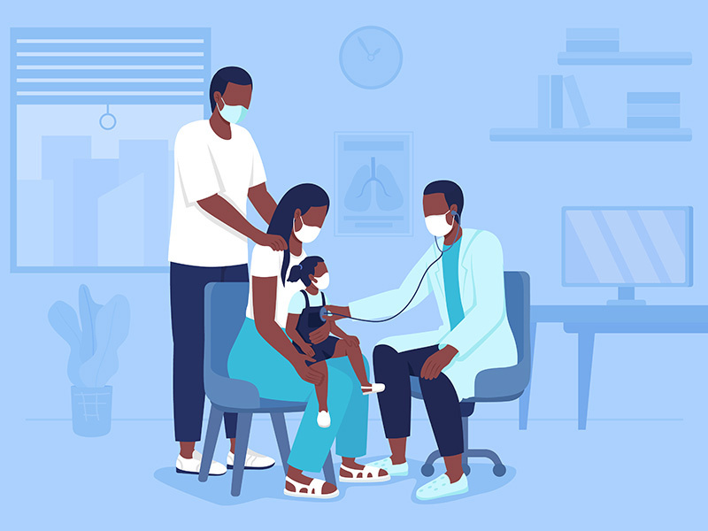 Bringing child to hospital appointment flat color vector illustration