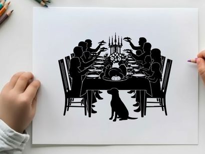Silhouette of family and dog at dinner table with candelabra