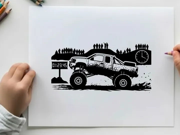 Silhouette of a truck racing on a track with spectators and a clock