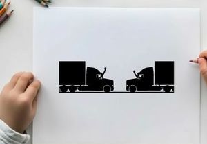 Silhouette of two semi trucks facing each other on a road