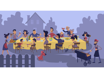 Big family gathering at table outdoors flat color vector illustration preview picture