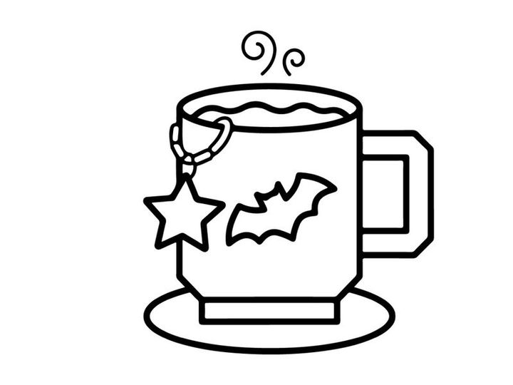 Halloween coffee mug with steam rising and spooky tree design. Festive autumn drinkware featuring eerie forest illustration for seasonal celebrations.