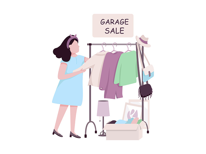 Woman buying at garage sale flat color vector faceless character
