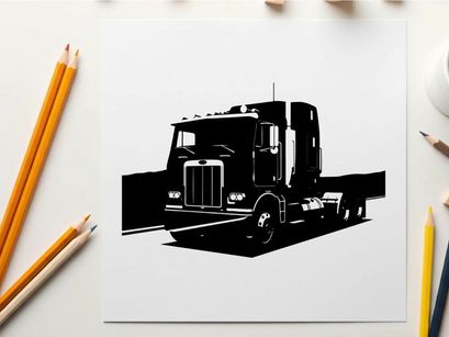 Silhouette of a large truck on the road with a scenic view