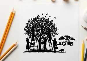 Silhouette of family picking fruit from trees with tractor