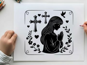 Praying silhouette of a woman with flowers and crosses preview picture