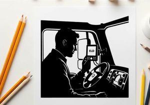 Silhouette of a man driving a truck with a retro dashboard