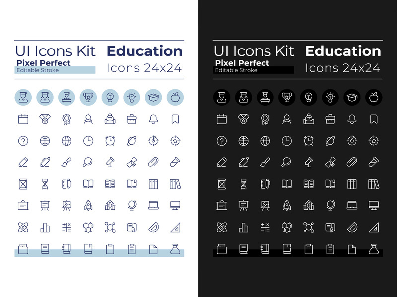 Distance education pixel perfect linear ui icons set for dark, light mode