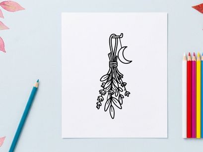 Hand-drawn Halloween mistletoe bouquet with crescent moon. Spooky holiday botanical illustration for festive decor and greeting cards.
