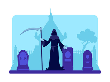 Grim reaper with scythe at cemetery flat color vector illustration preview picture