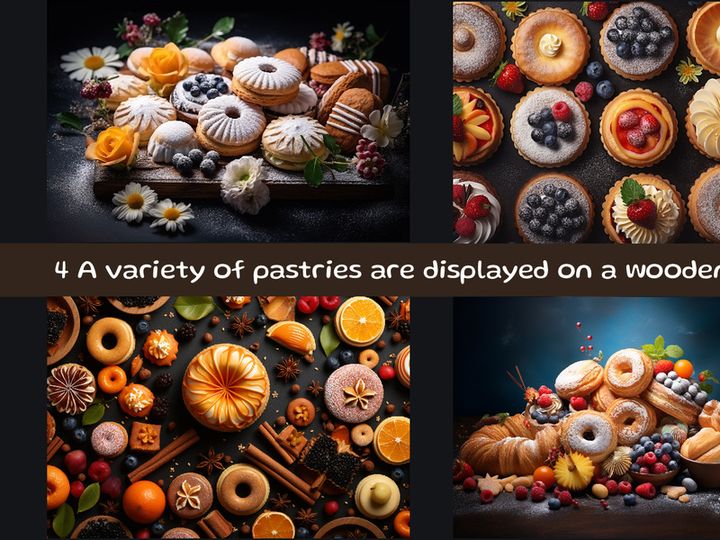 A variety of pastries are displayed on a wooden table