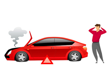 Guy standing by broken car flat color vector faceless character preview picture