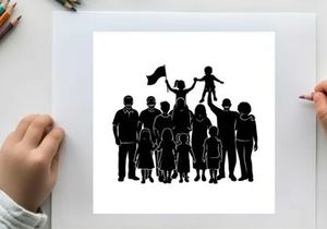 Silhouette of a diverse family with a child on father's shoulders waving a flag