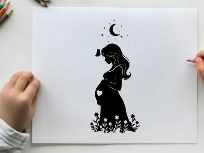 Pregnant woman silhouette under crescent moon and stars