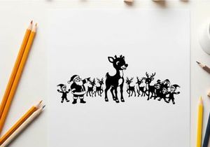 Reindeer silhouette standing in front of a group with santa