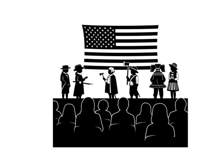 American silhouette patriotic performance with flag and actors