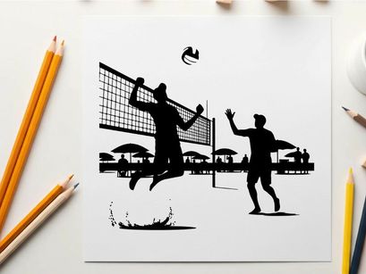Silhouette of two men playing beach volleyball