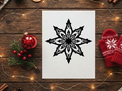 Desain ornamen salju rumit hitam putih untuk dekorasi liburan musim dingin