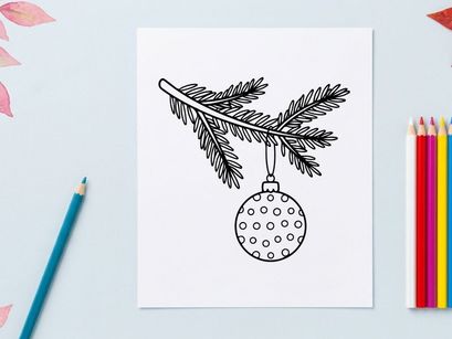 Christmas bauble hanging on a pine tree branch, hand drawn festive holiday line art.