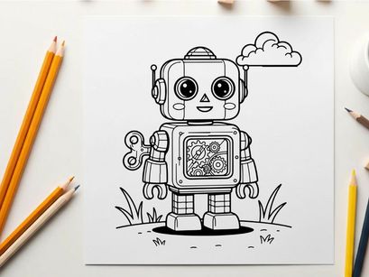Cute robot thinking in nature flat design vector illustration