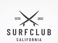 Vintage surfboard logo,surfing on summer beach.For business,badge,holiday, ,label,emblem.