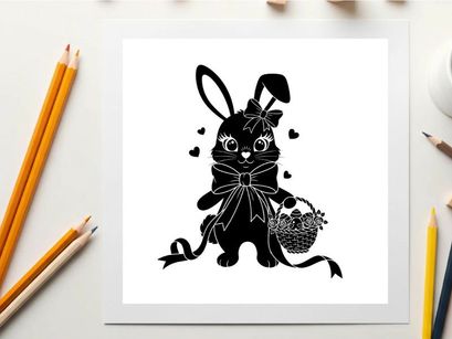Adorable silhouette bunny with bow and basket silhouette