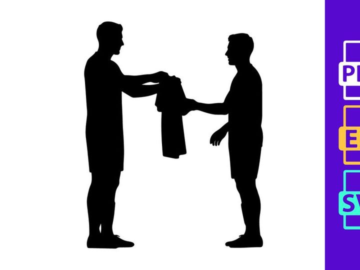 Two men exchanging a jacket in a simple black silhouette illustration