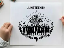 Juneteenth celebration silhouette with fireworks and floral patterns