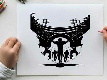 Silhouette of a triumphant athlete in a stadium with cheering crowd silhouette