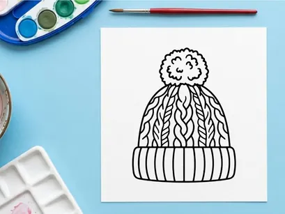 Topi rajutan musim dingin dengan ikon pompom, ilustrasi seni garis hitam putih sederhana.