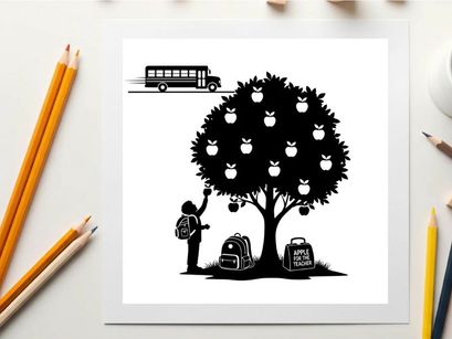 Silhouette of a child picking an apple from a tree near school buses