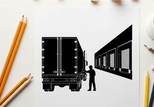 Silhouette of a man standing next to a truck at a warehouse dock