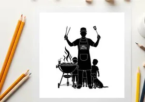 Silhouette of a man grilling with kids on a sunny day silhouette